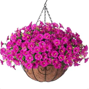 Hanging basket with artificial pink morning glory flowers and eucalyptus in a coco liner