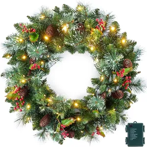 Couronne de Noël Artificielle Avec Lumières LED Pommes de Pin Baies Rouges Aiguilles de Pin Enneigées Décoration Murale de Porte