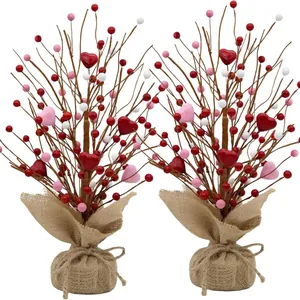 Valentine's Day artificial berry heart trees with burlap base for table decoration