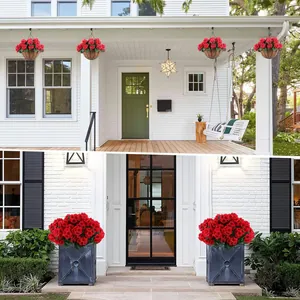 Outdoor patio decor featuring hanging baskets and floor planters with red geraniums