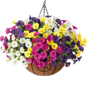 Artificial Morning Glory Hanging Flower Basket With Coco Liner UV Resistant Silk Flowers Eucalyptus Outdoor Garden Decor