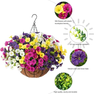 Artificial petunia basket with UV resistant eucalyptus leaves for outdoor garden decor