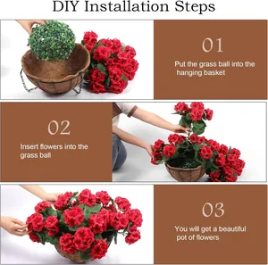 DIY installation steps for red artificial geranium hanging basket with coconut liner