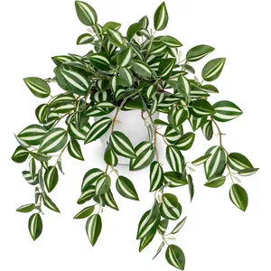 Realistic Artificial Hanging Plants Striped Leaves Wandering Jew Peperomia In Pot For Home Office Indoor Greenery Decor