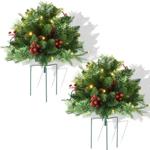 Lot de 2 buissons de Noël floqués avec baies rouges et pommes de pin pour décor de jardin
