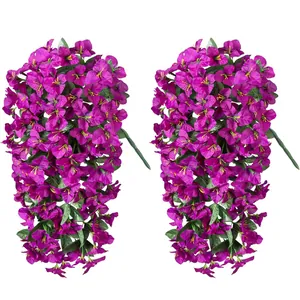 Hanging artificial bougainvillea in purple-pink with green leaves for outdoor wall decor