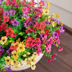 Vibrant artificial violet flowers in white striped pot for home garden decor