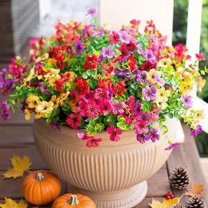 Artificial Morning Glory Violet Eucalyptus Leaves Potted Plant UV Resistant Silk Flowers For Outdoor Home Garden Thanksgiving Decor