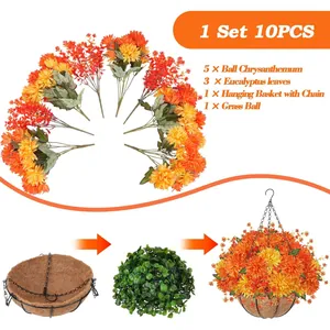 Outdoor artificial dahlia chrysanthemum hanging basket set with coconut fiber liner