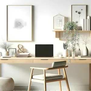 Close-up of hanging faux eucalyptus plant in black pot for home shelf decoration