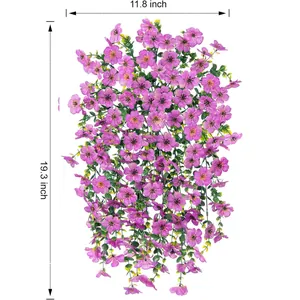 Detail der künstlichen violetten Blumenampel mit Maßangaben von 11,8 x 19,3 Zoll Größe