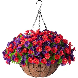 Artificial petunia hanging basket with coconut liner and black metal chain hook