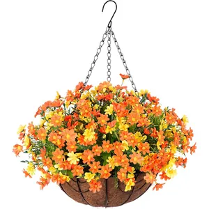 Detail of hanging basket with yellow daisies, coconut fiber liner and metal chain