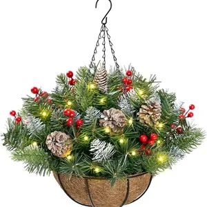 Panier Suspendu de Noël Avec Lumières LED Aiguilles de Pin Enneigées Baies Rouges Pommes de Pin Décoration Jardin Maison