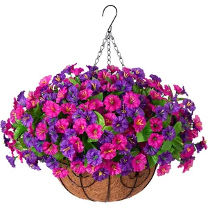 Artificial Hanging Morning Glory Basket Satin Flowers Natural Coconut Lining Metal Chain For Garden Home Patio Decor