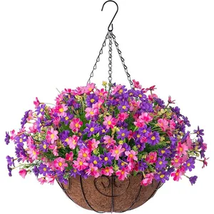 Close-up of artificial daisies in coconut fiber hanging basket with sturdy black iron chains