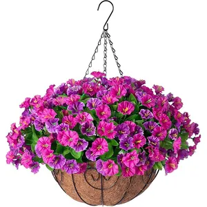 Macro detail of artificial morning glory flowers in a coconut lined hanging basket
