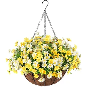 Artificial daisy hanging basket with yellow flowers and coconut liner for outdoor decor