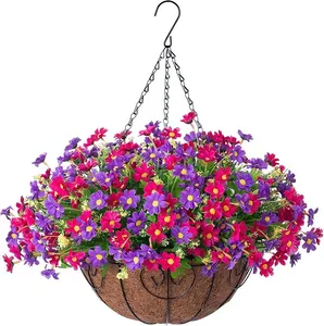 Close-up of artificial daisy flowers in a coconut liner basket with metal hanging chains