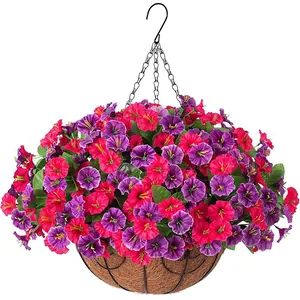 Close-up of purple silk morning glory flowers in a coconut fiber hanging basket