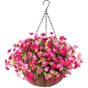 Artificial Hanging Flower Basket With Coconut Fiber Liner And Metal Chain Silk Daisy For Outdoor Garden Porch Decoration