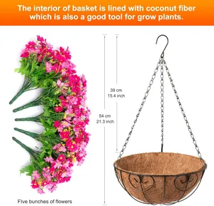 Detail view of hanging basket with 54cm metal chain and five pink faux daisy bundles