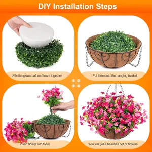 DIY artificial hanging basket with purple daisies, iron frame and coconut fiber liner