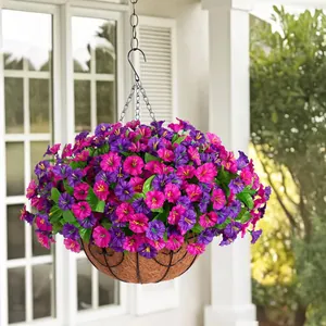 Detail of hanging basket with purple silk morning glory flowers and natural coco liner
