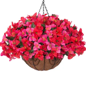 Close-up of artificial bougainvillea flowers with metal chain and coconut fiber liner