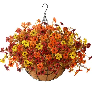 Cesto appeso con fiori autunnali artificiali, telaio in metallo e fibra di cocco