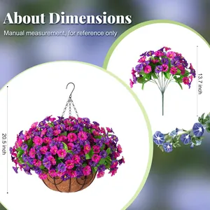 Detailed dimensions of purple artificial morning glory flowers in a 20.5-inch coconut basket