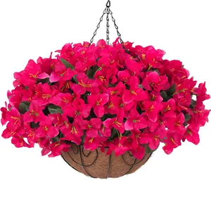 Artificial bougainvillea in coconut fiber hanging basket with metal chain for garden decor