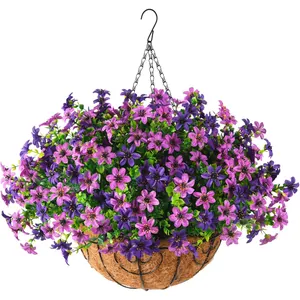 Cesto appeso con fiori di eucalipto artificiali viola con rivestimento in cocco