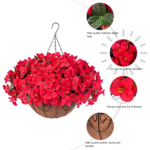 Outdoor hanging basket with red bougainvillea and coconut fiber liner on metal chain