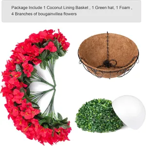 Artificial bougainvillea hanging basket set with coconut liner and iron chain kit