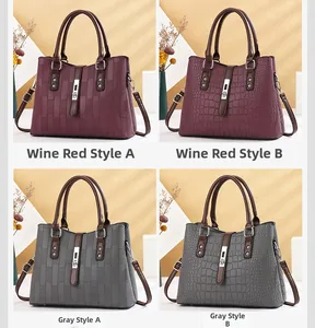 Collage of wine red and gray handbags in woven and crocodile embossed textures