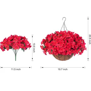 Detailed dimensions of hanging basket with artificial red bougainvillea and coconut liner