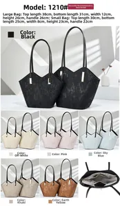 Detailed size specifications for large and small pleated oil skin tote bags in six colors