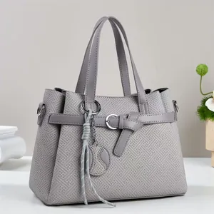 Gray handbag for women with geometric texture and silver buckle for daily commute
