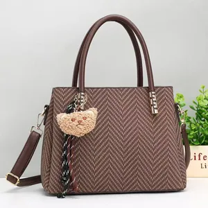 Brown plaid large capacity handbag with bear charm and polka dot ribbon decoration