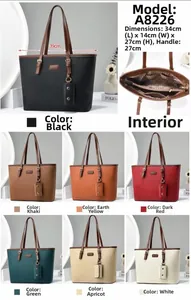 Detail showing seven available colors and precise dimensions of this stylish tote bag