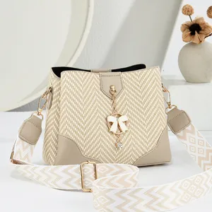 Fashion Women Woven Texture Bucket Bag PU Leather Wide Jacquard Strap Bow Rhinestone Pendant Crossbody Shoulder Bag Daily Commuter