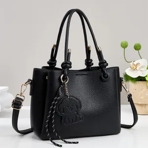 Women Fashion Lychee Texture Bucket Bag PU Leather Solid Color Handbag Shoulder Crossbody Bag With Cute Dog Charm For Daily Use
