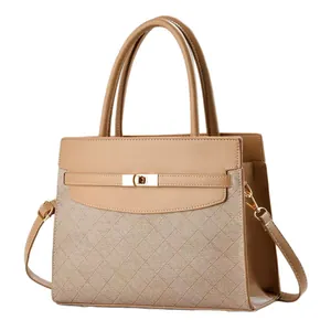 Beige two-tone handbag with smooth faux leather, woven texture and gold metal lock