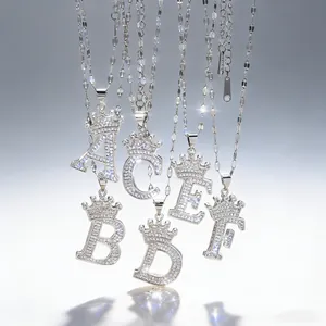 Fashion copper zircon crown letter pendant necklace for women trendy simple jewelry 1pc