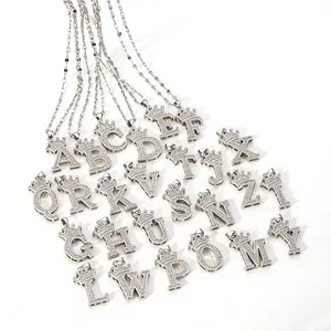 Silver color zircon crown letter pendant necklace, 26 alphabet charms jewelry set.