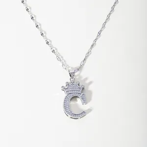 Detailed view of fashion copper cubic zirconia crown letter C pendant necklace for women.