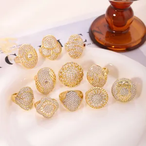 Elegant gold-plated geometric stainless steel adjustable rings set with cubic zirconia stones