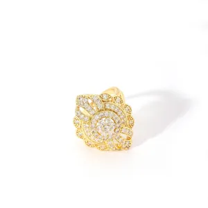 Macro shot of 18K gold plated multi-layer floral ring with brilliant white zircon stones