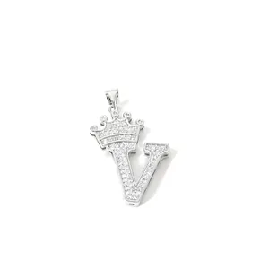 Exquisite crown letter V pendant, detailed close-up showing brilliant inlaid cubic zirconia.
